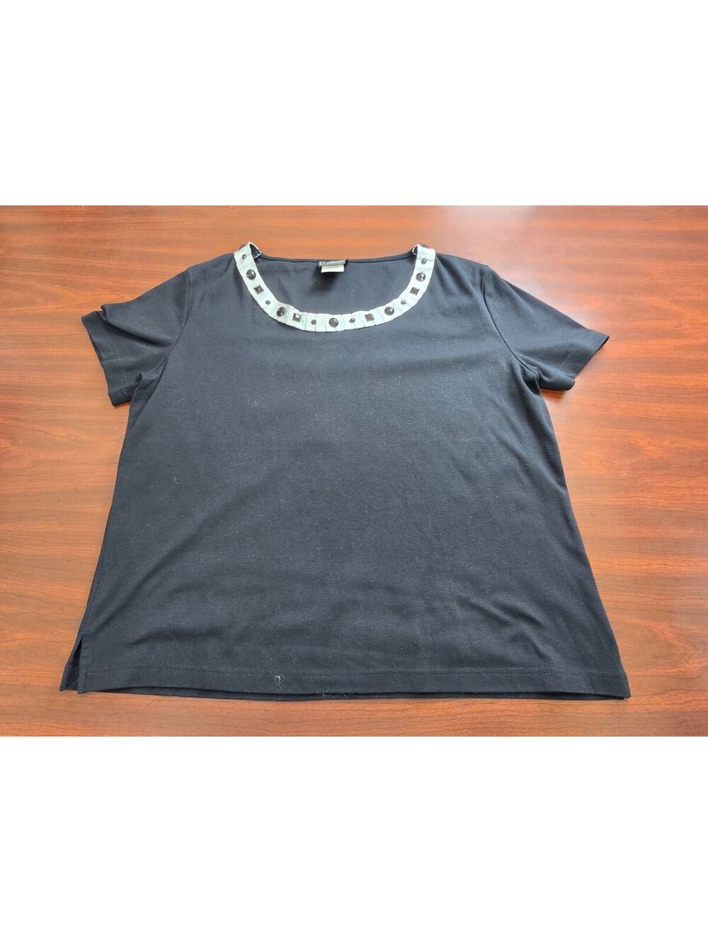 Southern Lady Women Large Black Short Sleeve Top Embellished Rhinestone Neckline